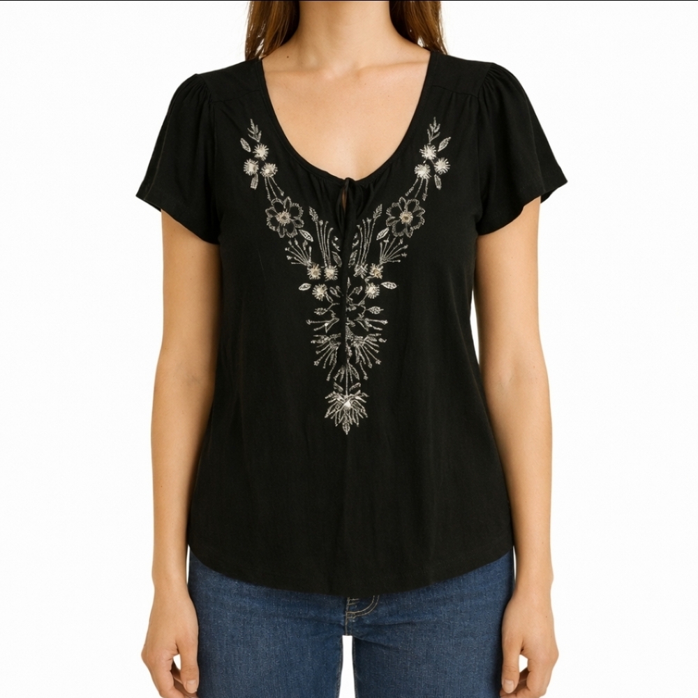 Style & Co Black Top With Beaded Detail And Drawstrings Sz Lg